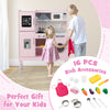 Pretend play kitchen for kids in pink with 16 accessories, featuring adjustable height and interactive elements for fun.