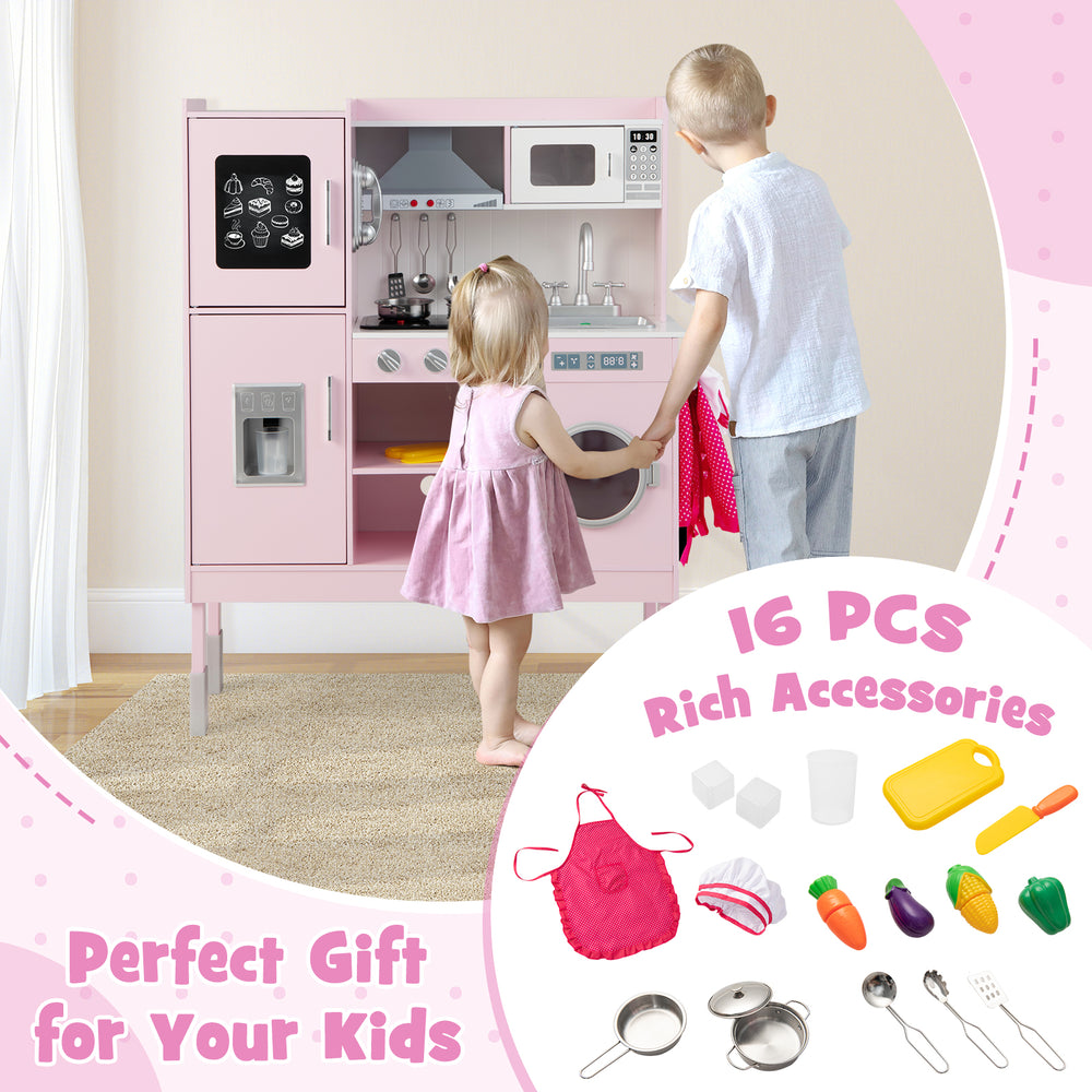 Pretend play kitchen for kids in pink with 16 accessories, featuring adjustable height and interactive elements for fun.