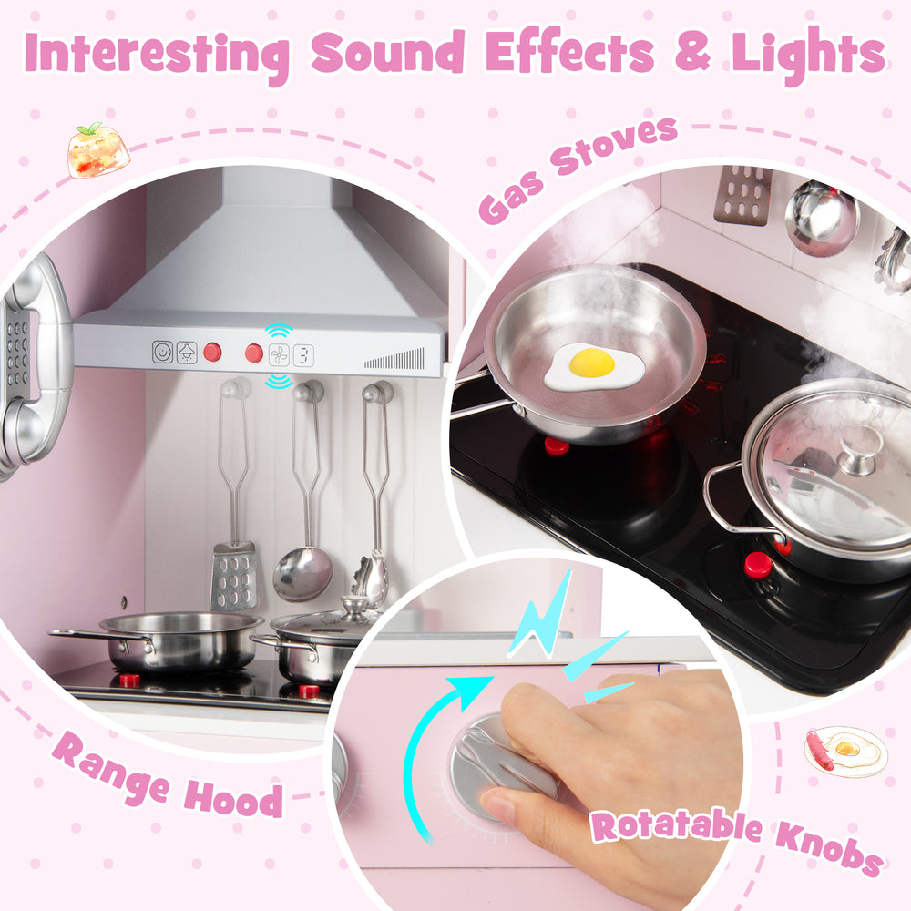 Pretend play kitchen with gas stoves, rotatable knobs, and range hood featuring sounds and lights for kids' fun.