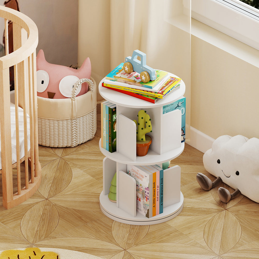 2-Tier Rotating Bookshelf with Dividers and Anti-falling Baffles-White - Gallery View 1 of 10