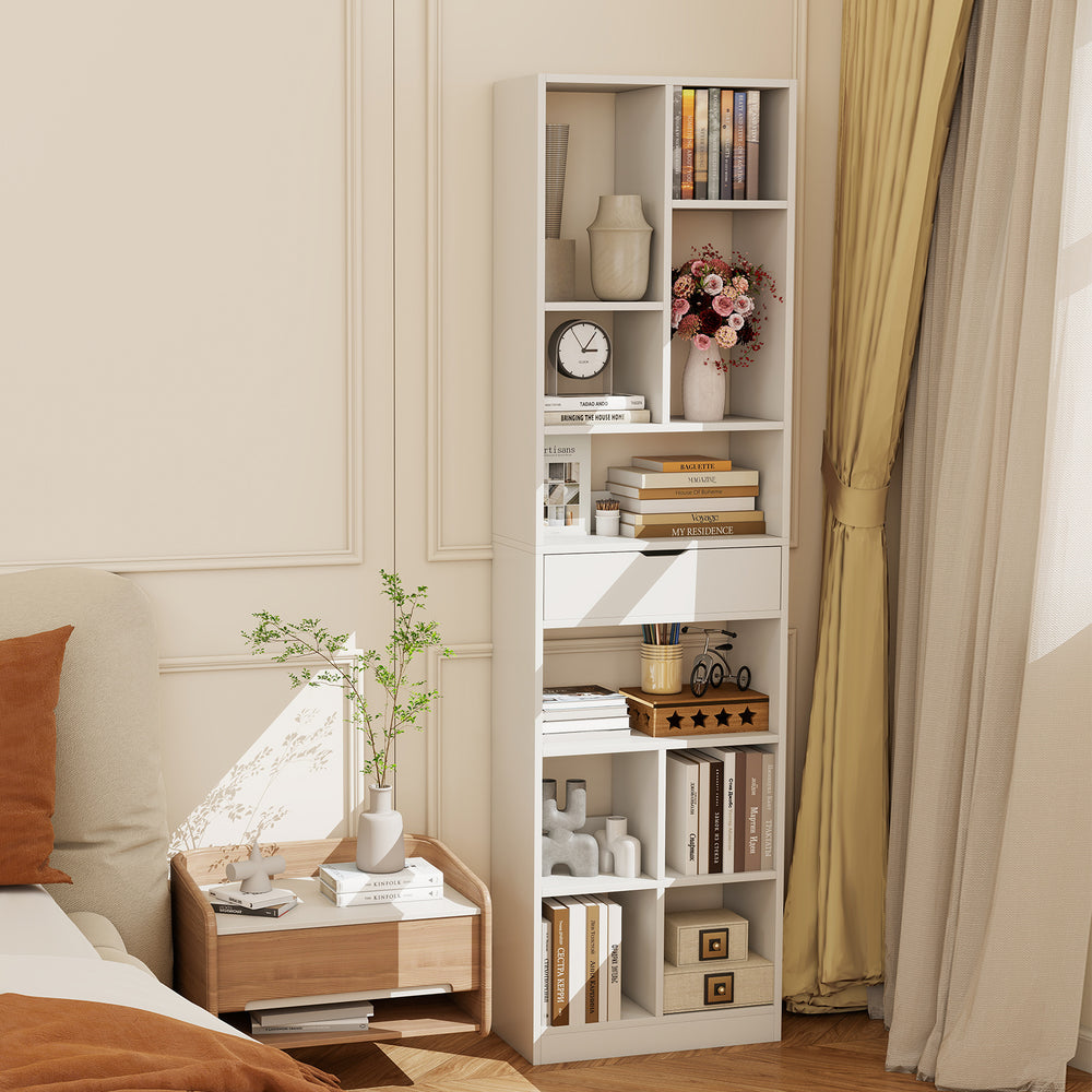7-tier white bookshelf with drawer, featuring 10 open cubes and anti-tipping kits for versatile storage in any room.