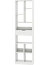 7-tier white bookshelf with drawer, featuring 10 open cubes and anti-tipping kits for versatile storage and stability.
