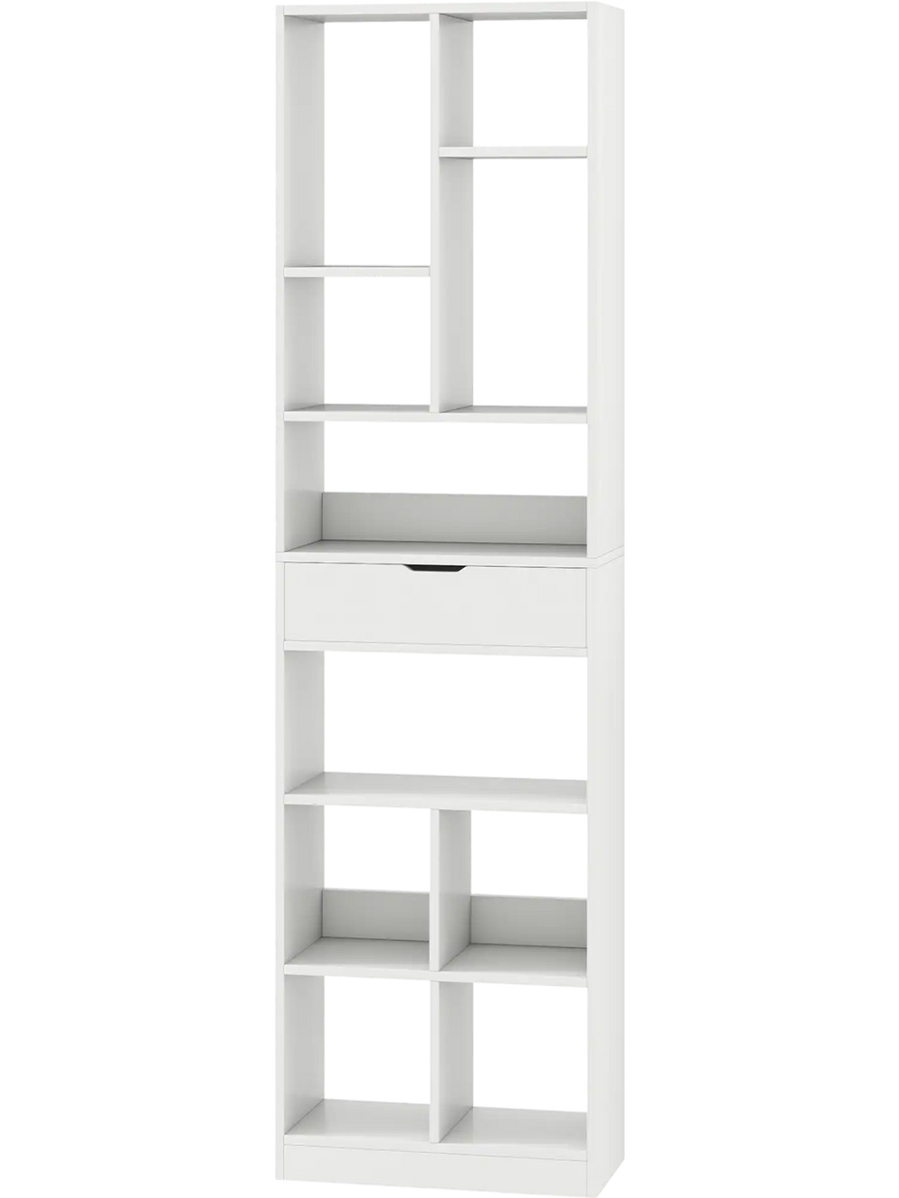 7-tier white bookshelf with drawer, featuring 10 open cubes and anti-tipping kits for versatile storage and stability.