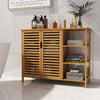 Bamboo bathroom cabinet with 2 doors and open shelves, featuring a slatted design for easy access and water drainage.