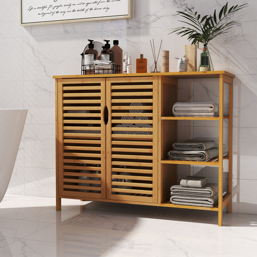 Bamboo bathroom cabinet with 2 doors and open shelves, featuring a slatted design for easy access and water drainage.
