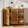 Bamboo bathroom cabinet with 2 doors and open shelves, featuring a slatted design for water drainage and easy access.