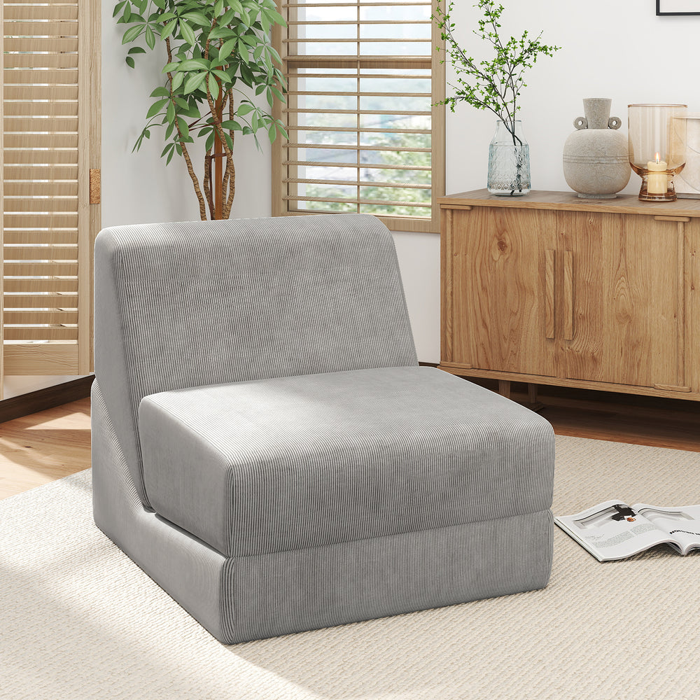 Gray 3-in-1 folding sofa bed with a corduroy cover, featuring an inclined backrest for comfortable lounging.