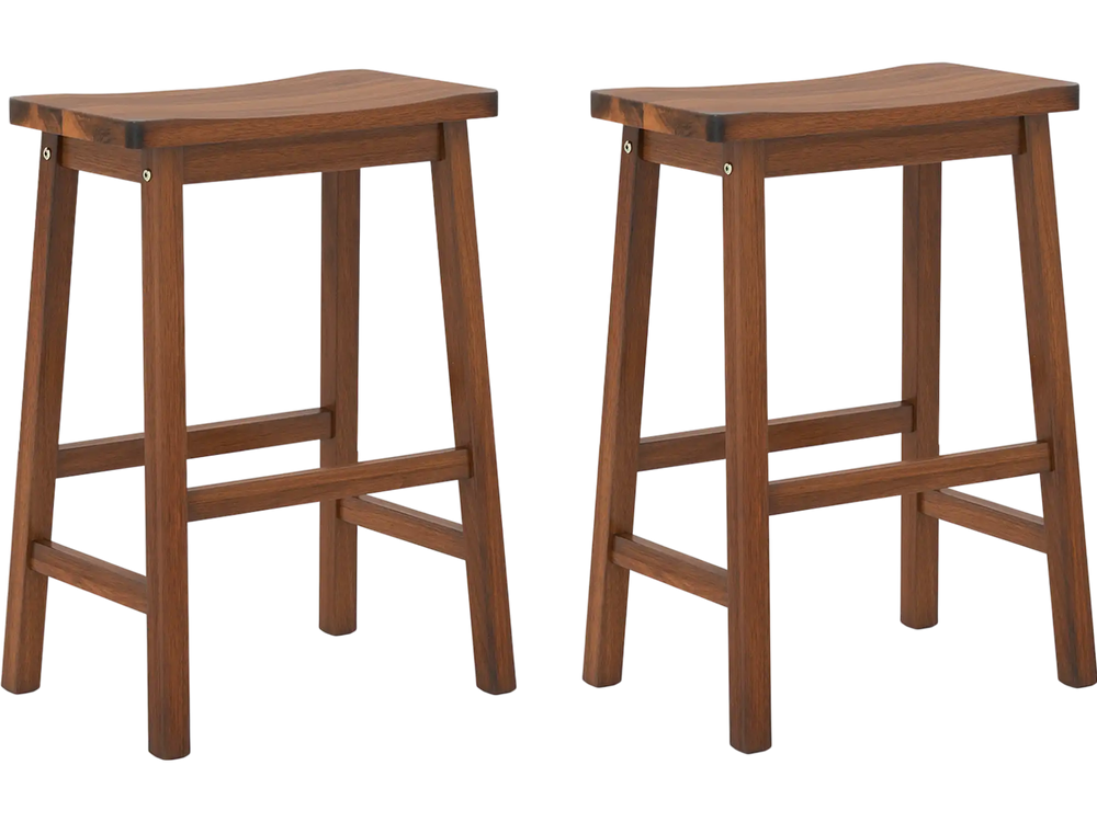 Set of 2 walnut saddle-seat counter height stools with curved seats and footrests, ideal for kitchen or dining use.