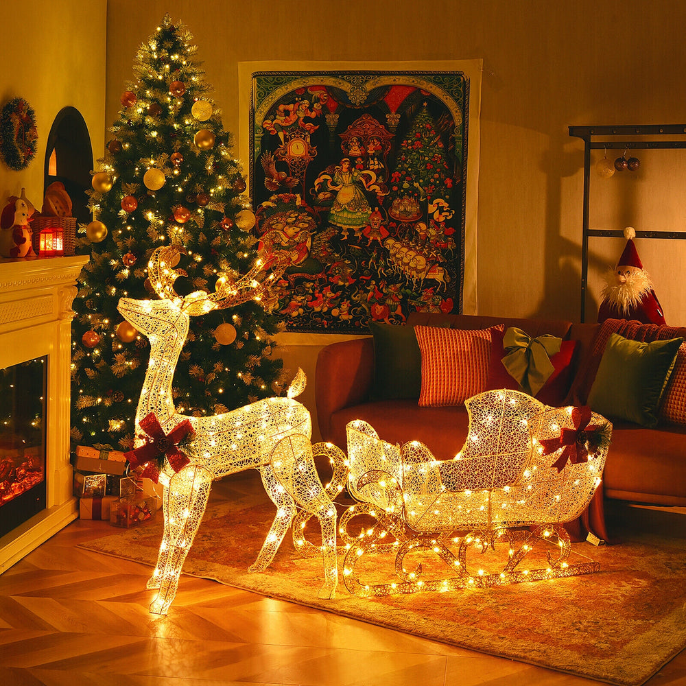 6 Feet Christmas Lighted Reindeer and Santa's Sleigh Decoration with 4 Stakes-Golden - Gallery View 1 of 8