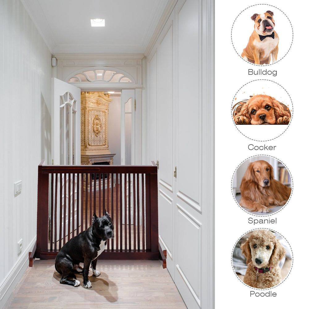 Folding adjustable 3-panel wood fence in cherry finish for doorways and hallways, featuring retractable feet for.