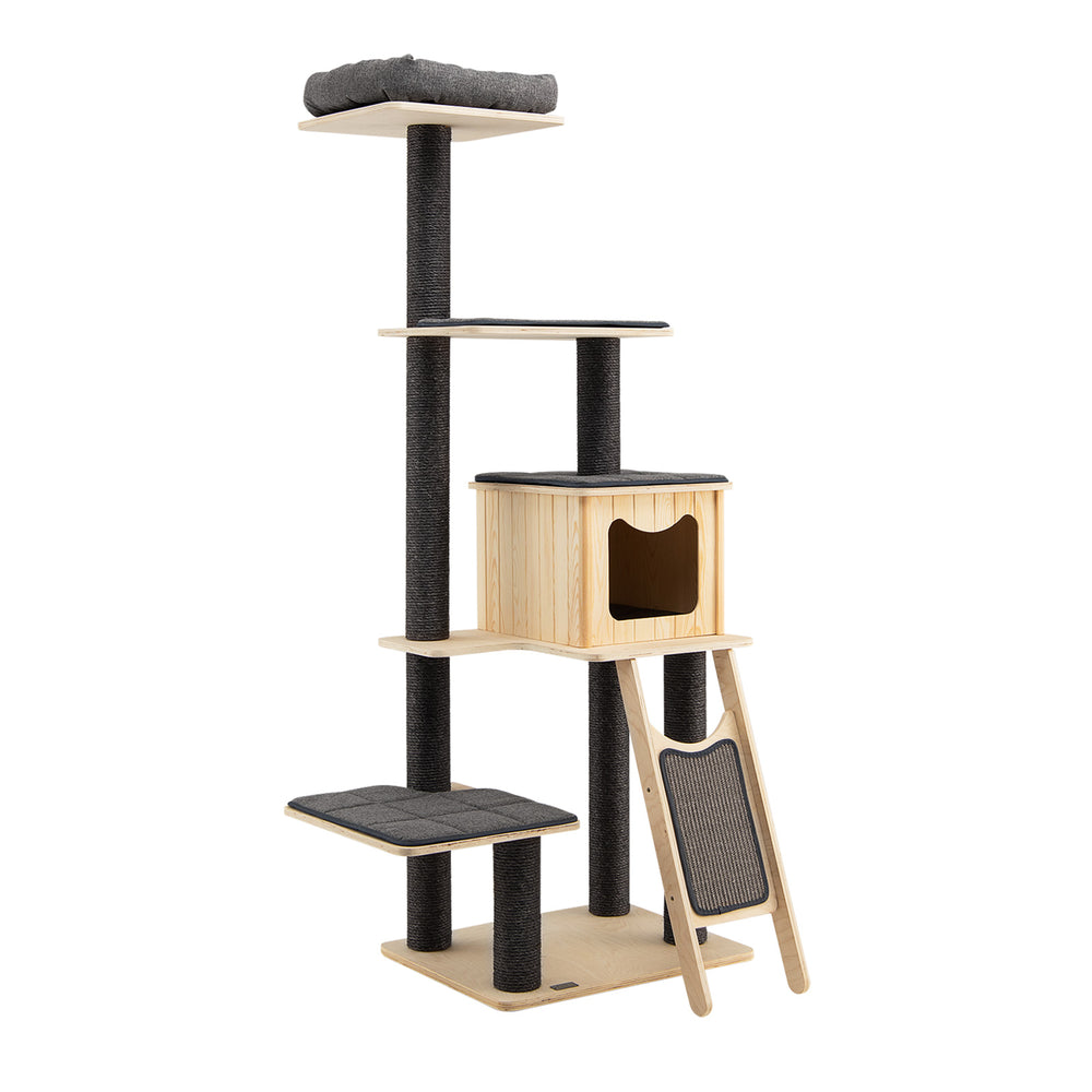 5-tier modern wood cat tower with large condo, jumping platforms, and washable gray cushions for feline play and rest.