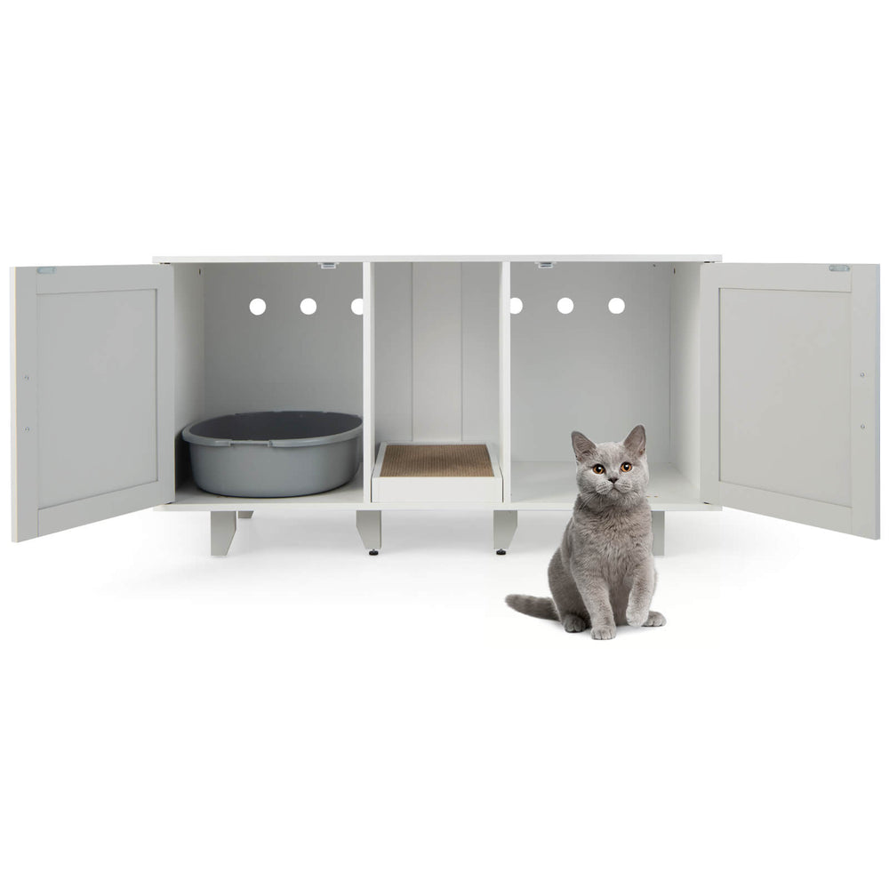 Gray 2-door cat litter box enclosure with winding entry, scratching board, and spacious tabletop for home decor.