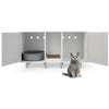Gray 2-door cat litter box enclosure with winding entry, scratching board, and spacious tabletop for home decor.