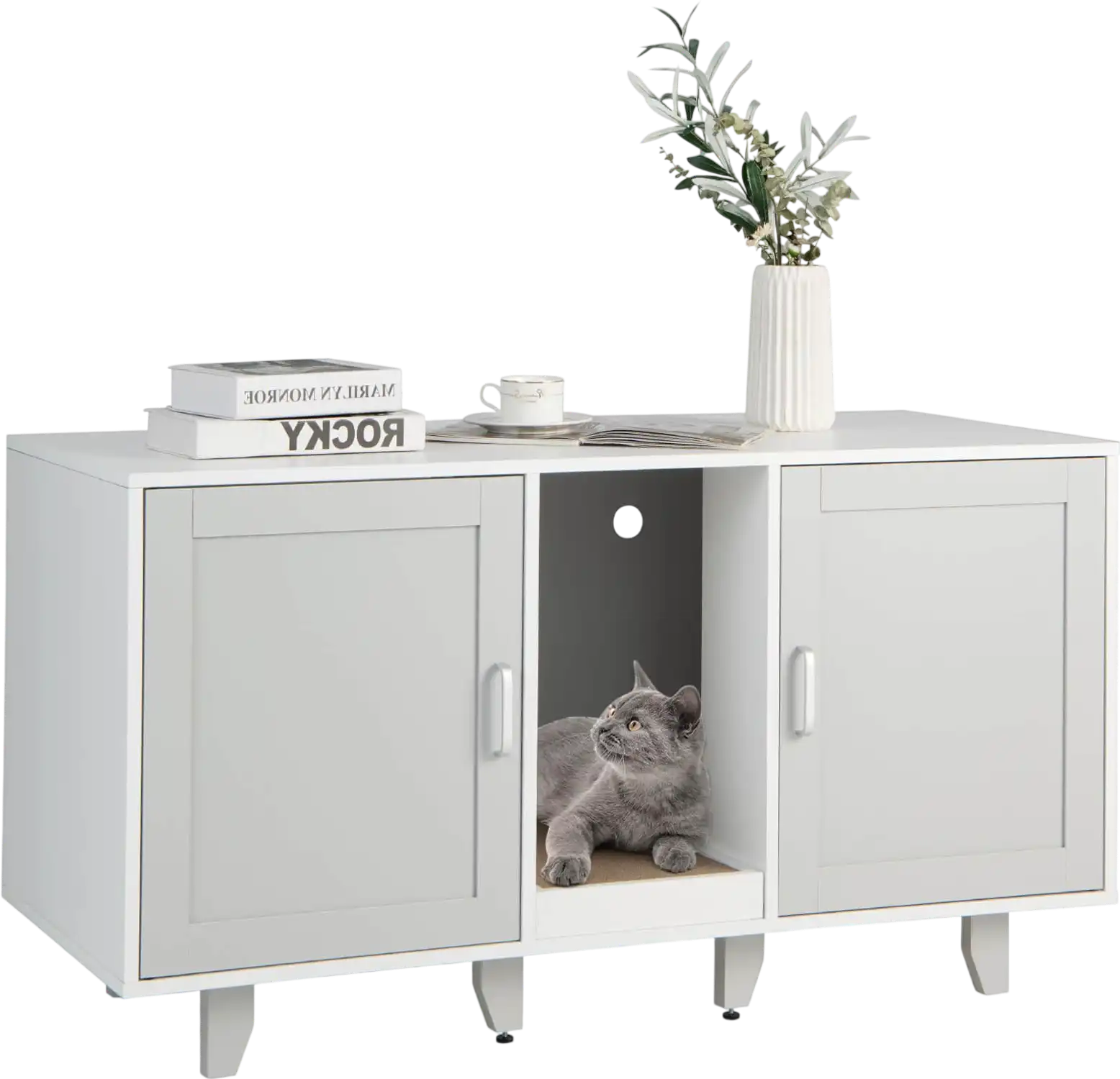 Costway 2-Door Cat Litter Box Enclosure with Winding Entry & Scratching Board 74829163 New