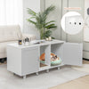 Gray 2-door cat litter box enclosure with winding entry, scratching board, and ventilated holes for odor control.