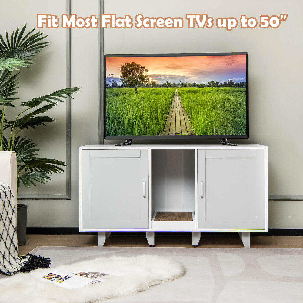 2-door cat litter box enclosure in gray with winding entry, also serves as a TV stand or side table for modern homes.
