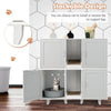 2-door gray cat litter box enclosure with winding entry, scratching board, and spacious tabletop for home decor.