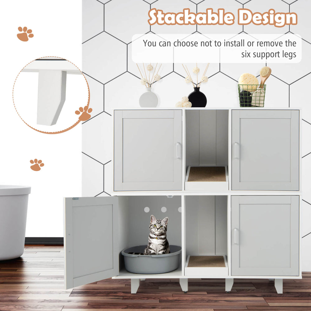 2-door gray cat litter box enclosure with winding entry, scratching board, and spacious tabletop for home decor.