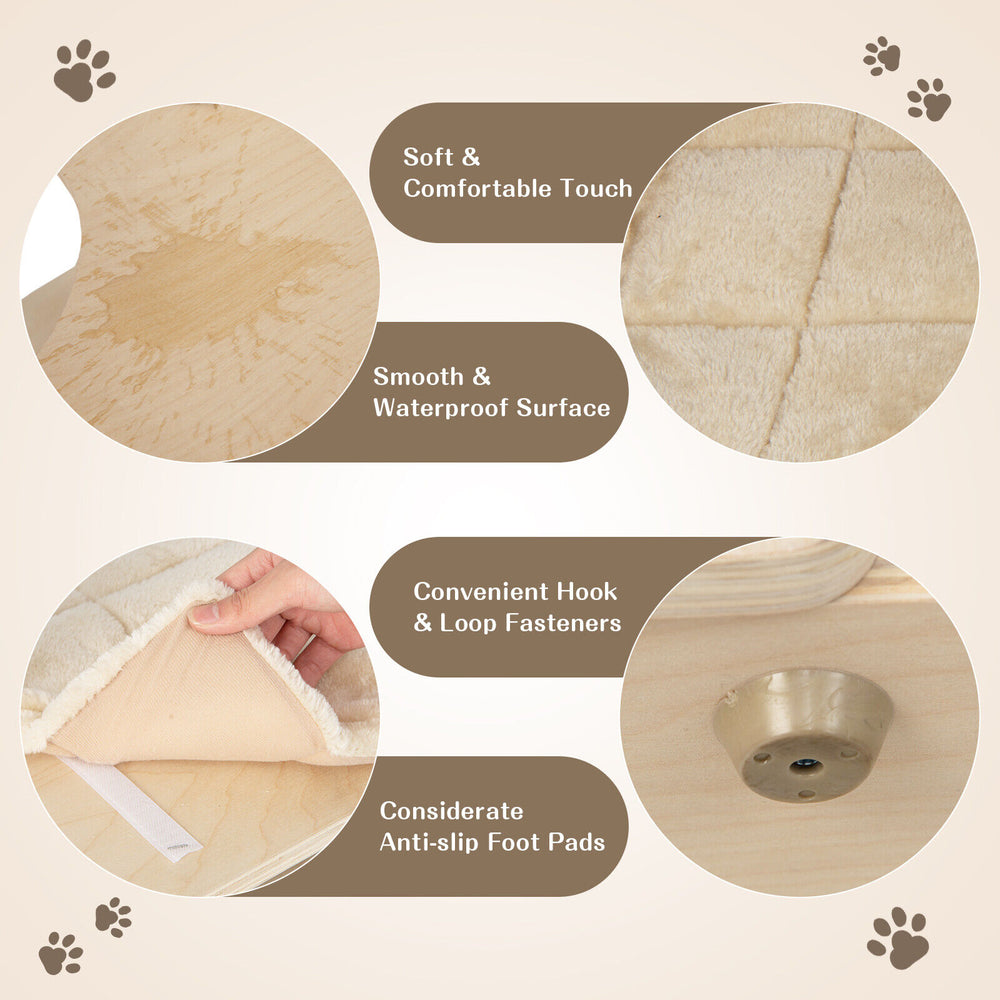 Multi-level cat tree with sisal scratching post, beige, featuring soft platforms and anti-slip foot pads for stability.