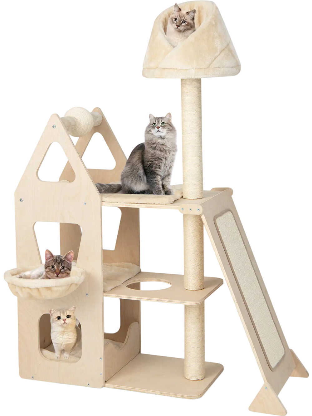 Multi-level cat tree in beige featuring a sisal scratching post, padded perches, and cozy hammocks for playful cats.