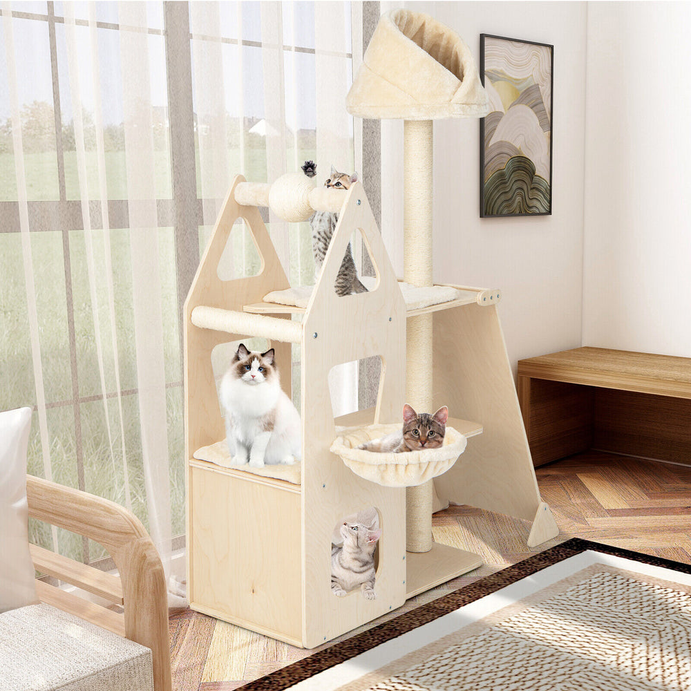 Multi-level cat tree in beige with sisal scratching post, padded perch, and cozy hammock for playful cats.