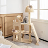 Multi-level cat tree in beige with sisal scratching post, padded perches, and cozy hammocks for playful cats.