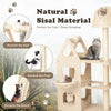 Multi-level cat tree in beige with sisal scratching post, padded perch, and hammock for playful and restful cats.