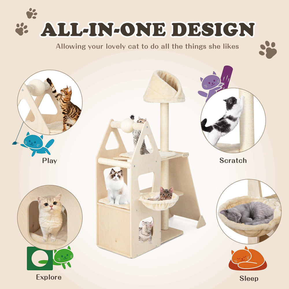 Multi-level cat tree in beige with sisal scratching post, padded perch, and hammock for play, scratch, and sleep.