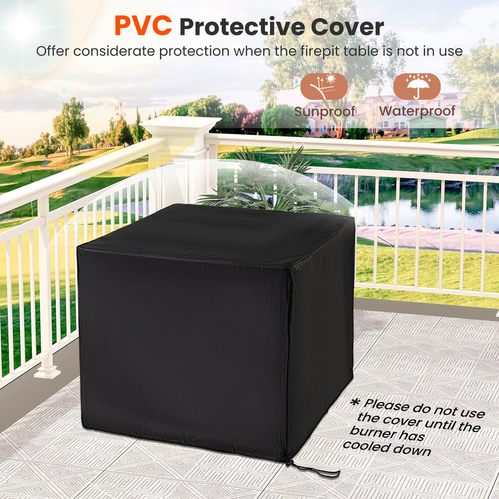 Protective PVC cover for a 29-inch propane rattan firepit table, waterproof and sunproof for year-round use.