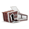 Wooden rabbit hutch in red with a pull-out tray, skylight, and sturdy construction for safe indoor and outdoor use.