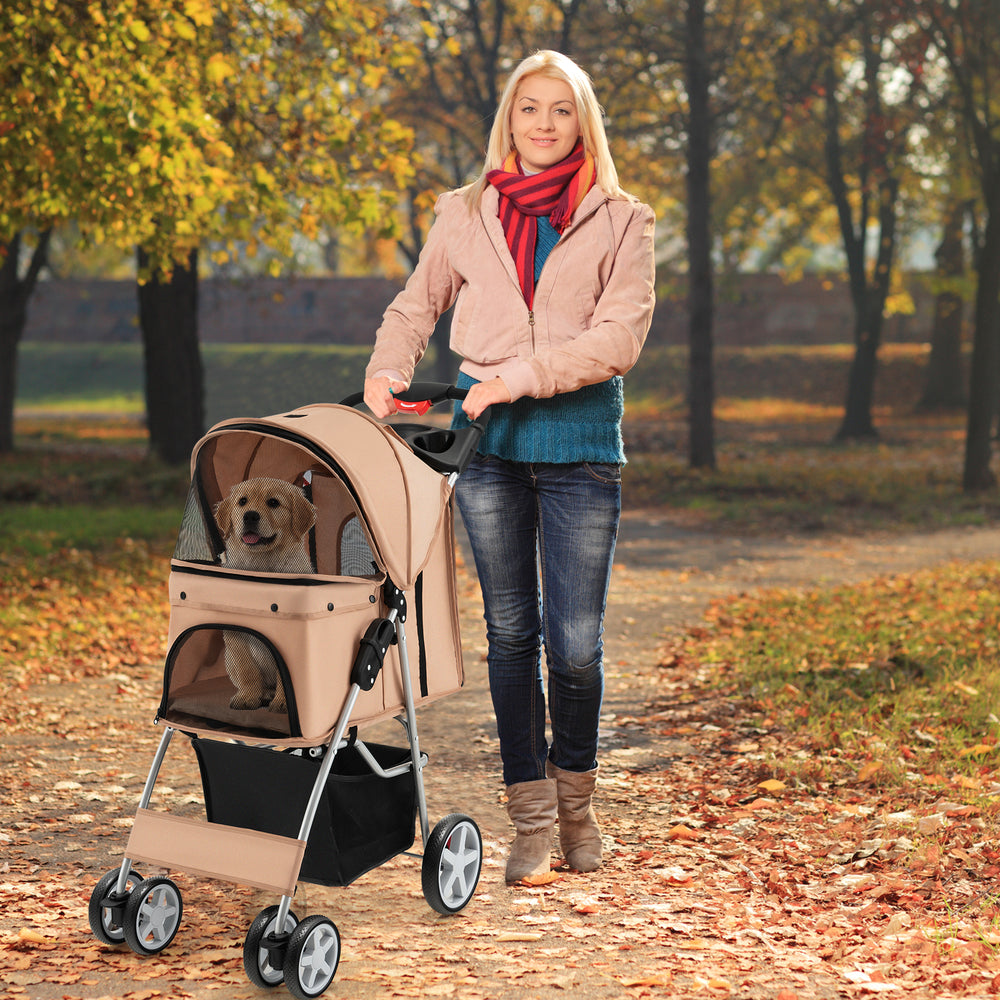 Folding Pet Stroller with Storage Basket and Adjustable Canopy-Beige - Gallery View 1 of 10