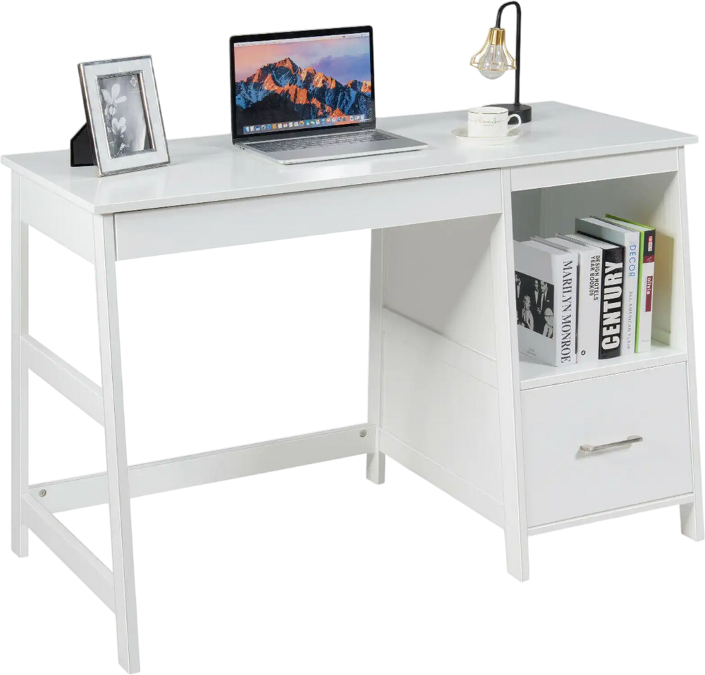 Modern 47.5-inch white computer desk with two storage drawers and footrest, ideal for home or office use.