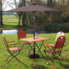 9FT tan patio solar umbrella with LED lights, steel tilt and crank, ideal for outdoor dining and relaxation.
