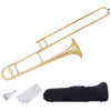 B Flat trombone in golden brass with mouthpiece, featuring a gold lacquer finish, ideal for beginners and music lovers.