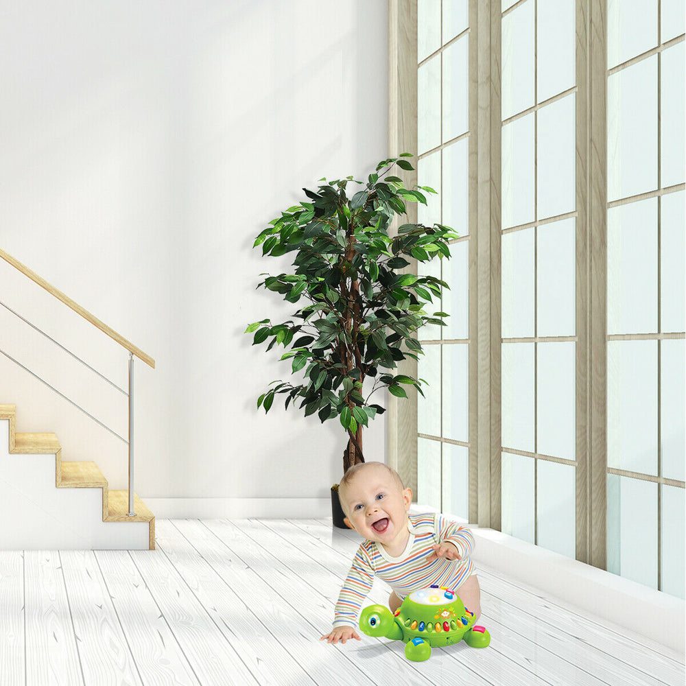 Artificial ficus silk tree with 504 leaves and hardwood trunk, perfect for home or office decor near windows.