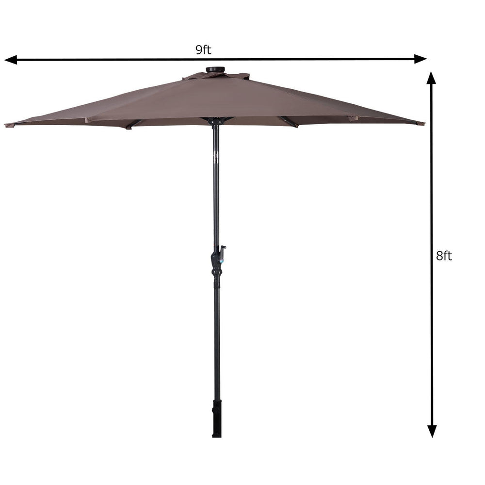 9FT tan patio solar umbrella with steel tilt and crank, featuring 18 solar-powered LEDs for outdoor lighting.