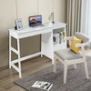 Modern white computer desk with two storage drawers and footrest, perfect for home or office use.
