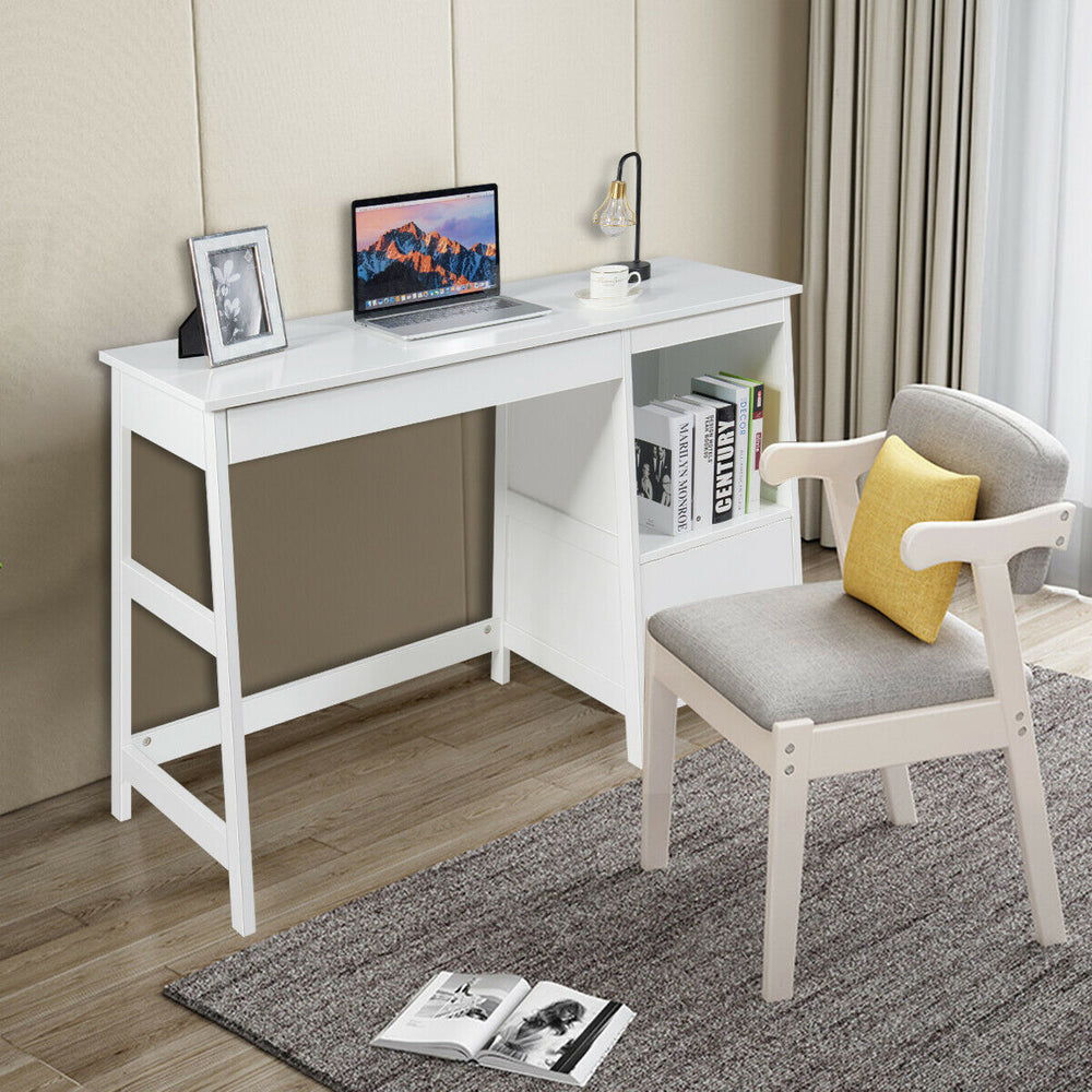 Modern white computer desk with two storage drawers and footrest, perfect for home or office use.