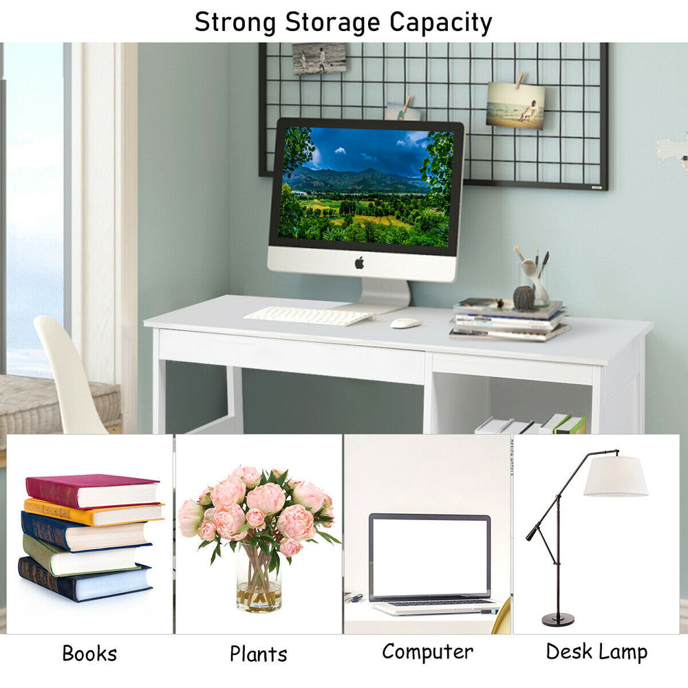 Modern 47.5-inch white computer desk with two storage drawers, perfect for home or office organization and comfort.