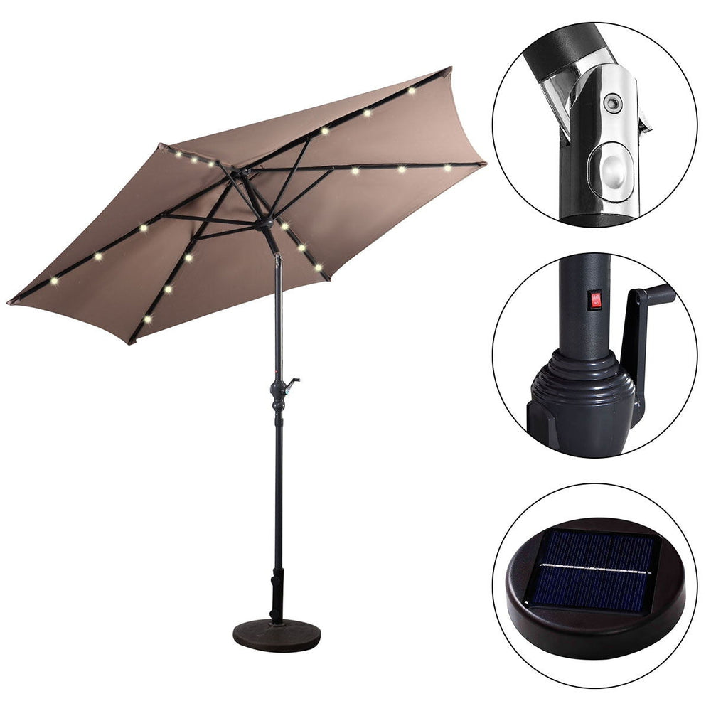 9FT tan patio solar umbrella with LED lights, steel tilt and crank, ideal for outdoor use and sun protection.