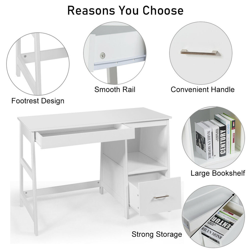 Modern 47.5-inch white computer desk with two storage drawers and footrest design for comfortable use.