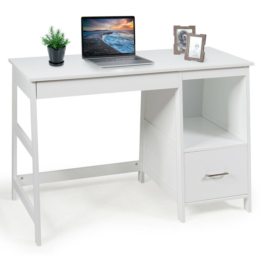 Modern 47.5-inch white computer desk featuring a spacious top surface and two drawers for organized storage in any.