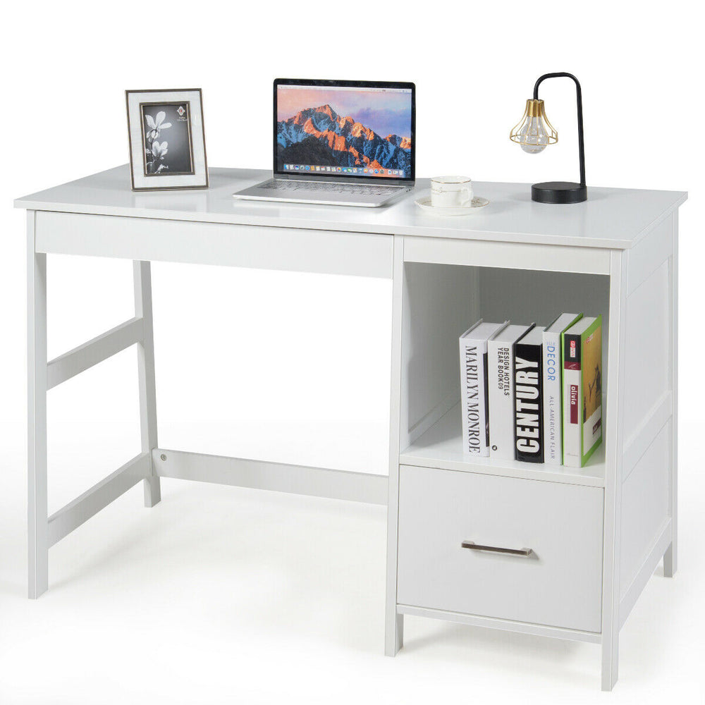 Modern 47.5-inch white computer desk with two storage drawers and footrest, perfect for home or office use.