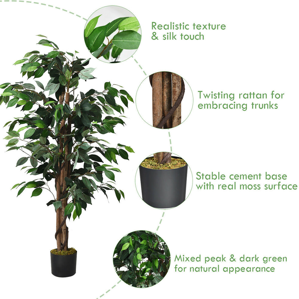 4-foot artificial ficus tree with realistic leaves, hardwood trunk, and cement base, perfect for indoor or outdoor.