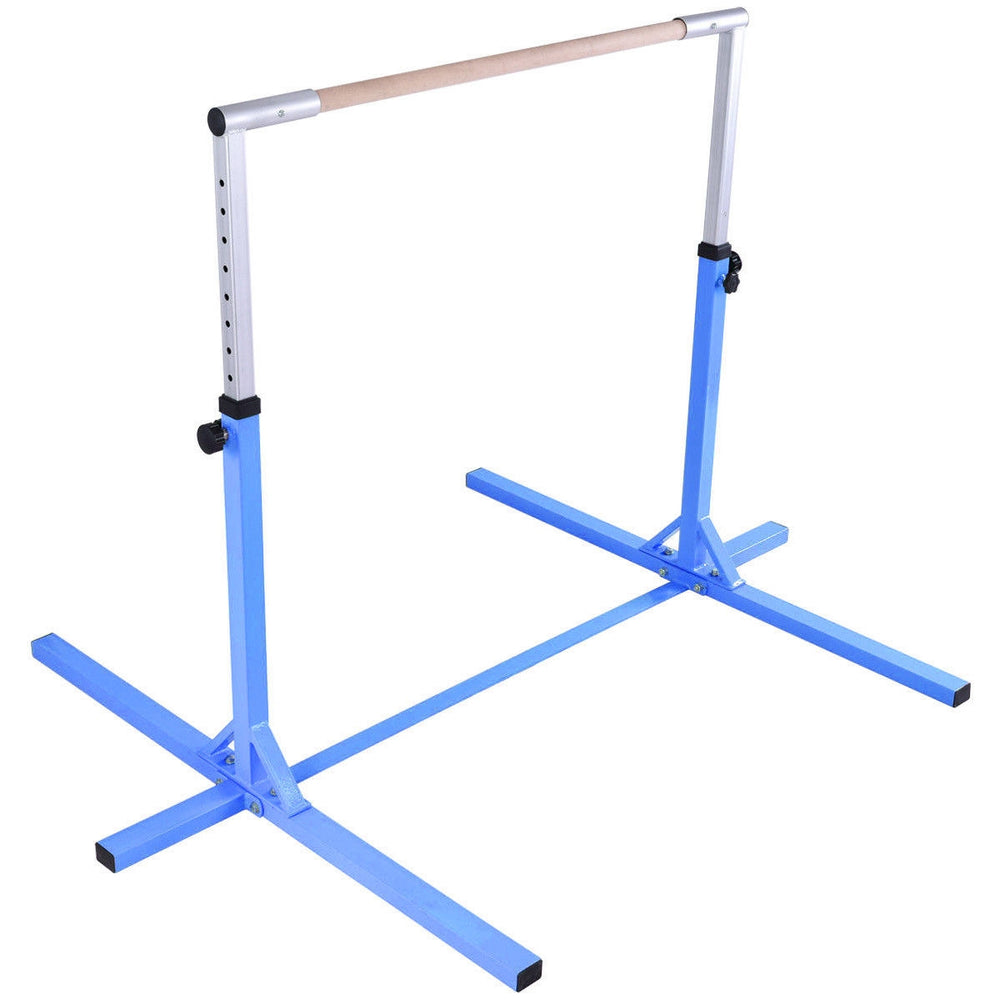 Adjustable blue gymnastics horizontal bar for kids, made of high-quality steel and wood, height adjustable from 36" to.