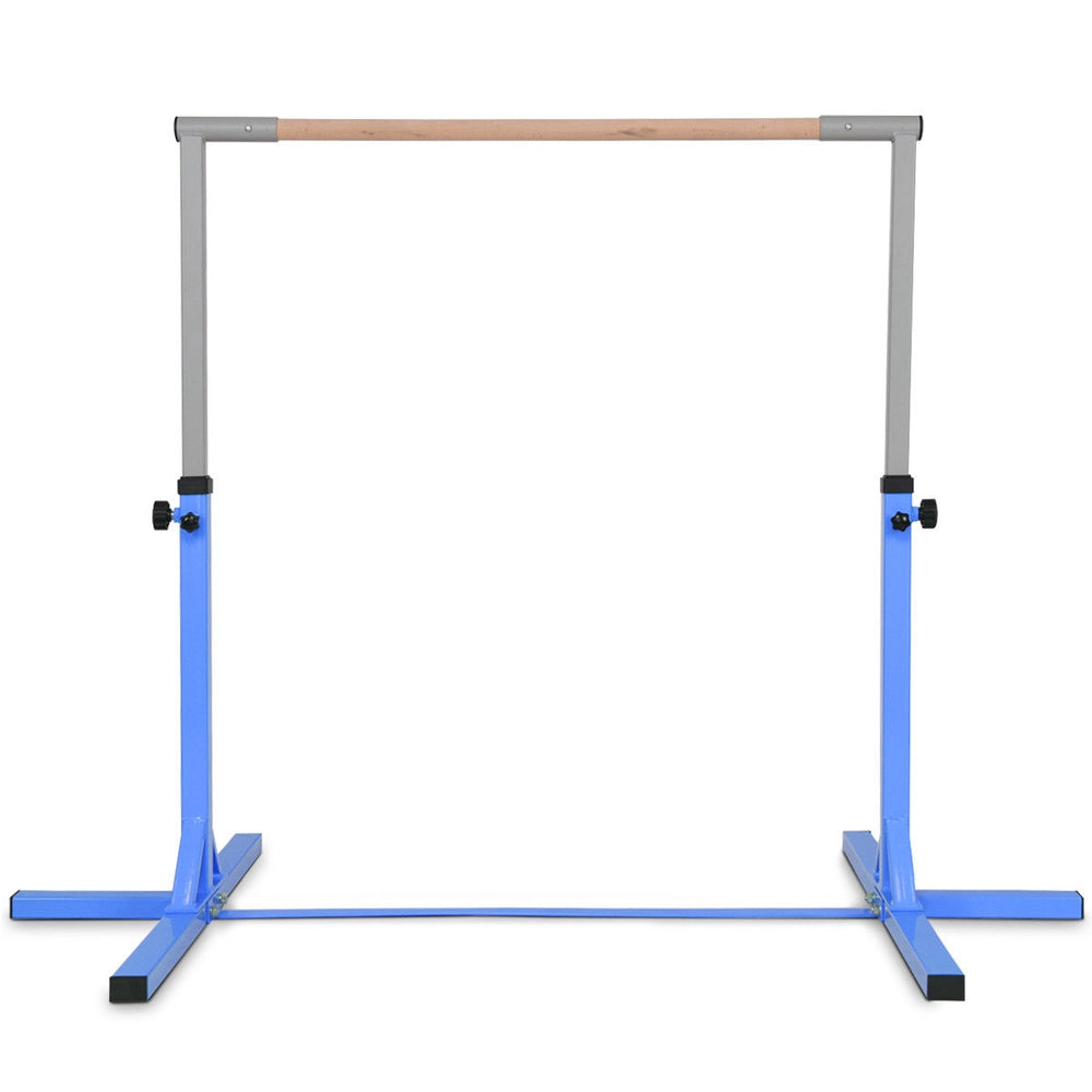 Front view of a sturdy blue adjustable gymnastics horizontal bar for kids, featuring a wood grip and steel construction.