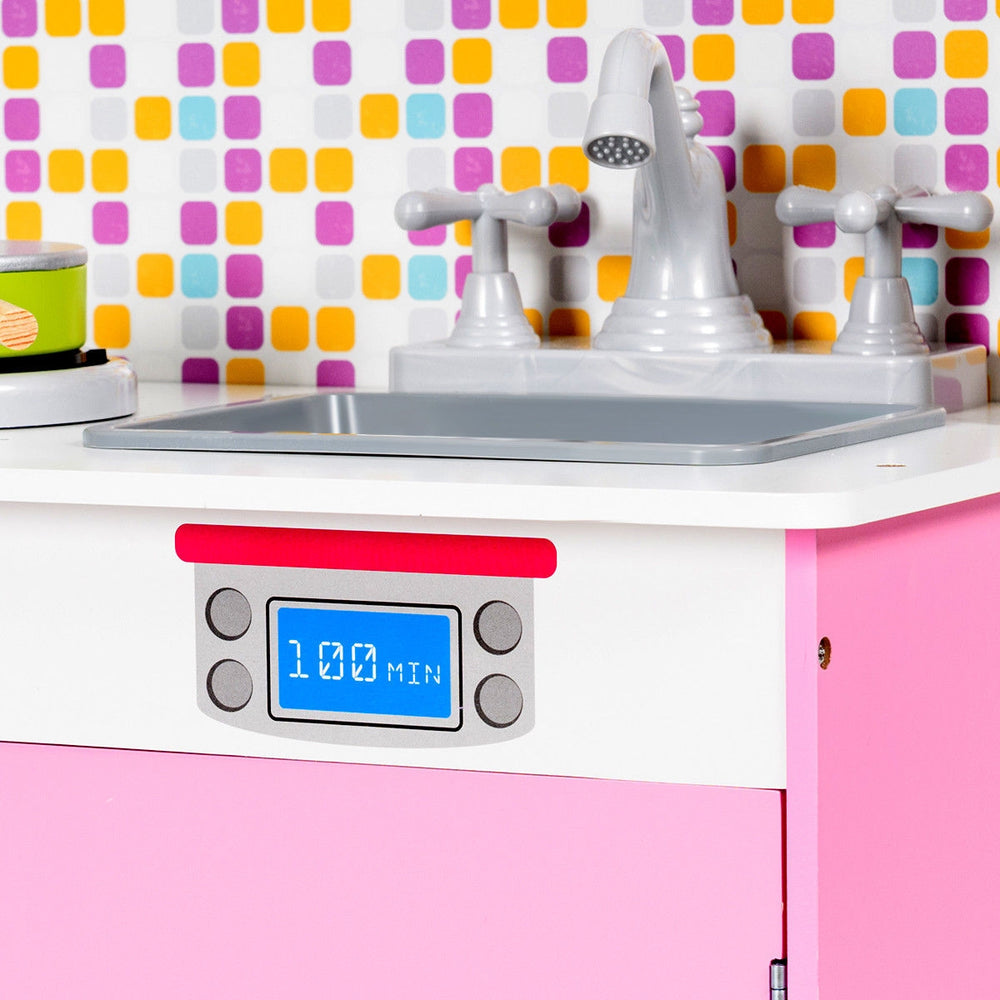 Digital timer display on the Kids Wooden Pretend Cooking Playset in pink, enhancing realistic cooking experiences for.