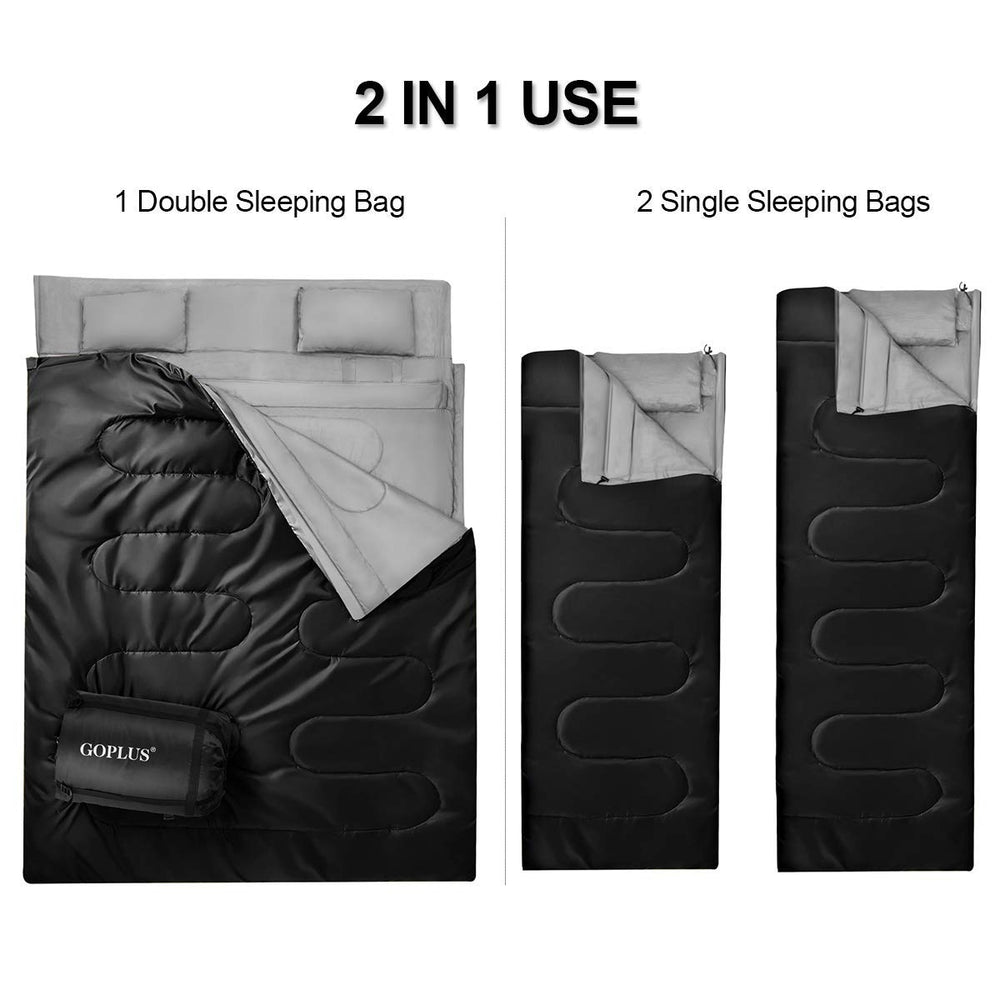 2-in-1 black waterproof sleeping bag shown as a double bag and two separate bags, includes two pillows for camping.