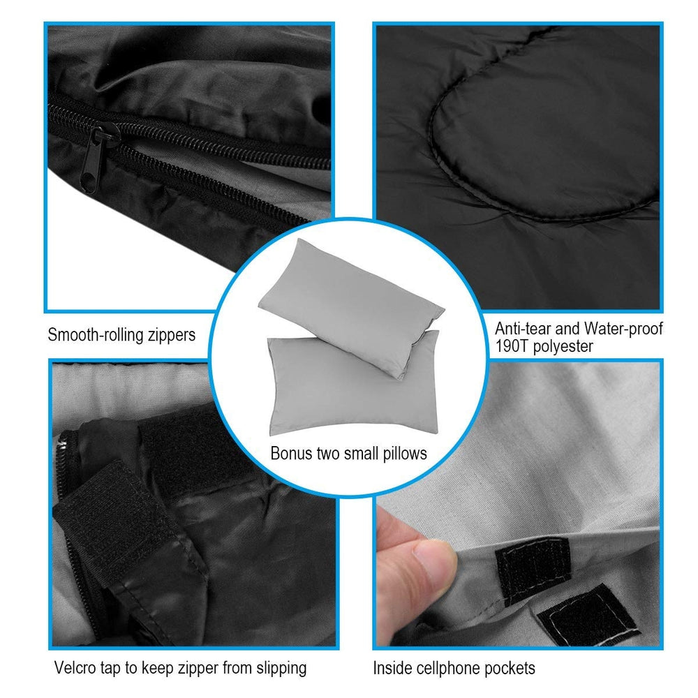 Close-up of the 2 Person Waterproof Sleeping Bag in black, featuring smooth zippers and two small pillows for camping.