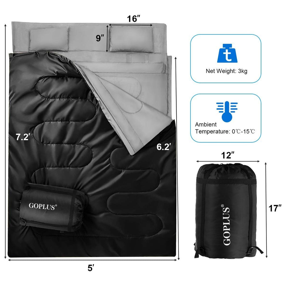 Two-person waterproof sleeping bag in black with two pillows, designed for cold weather camping and travel convenience.